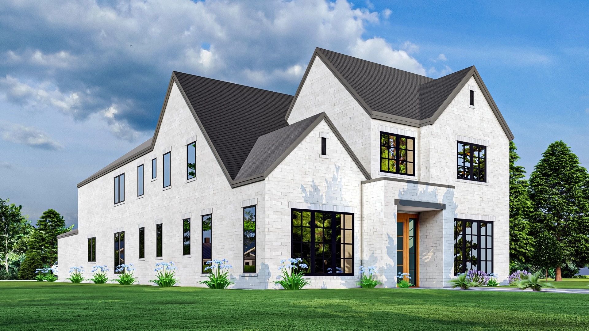 Select Custom Home rendering of a white brick home with black roof and generous windows