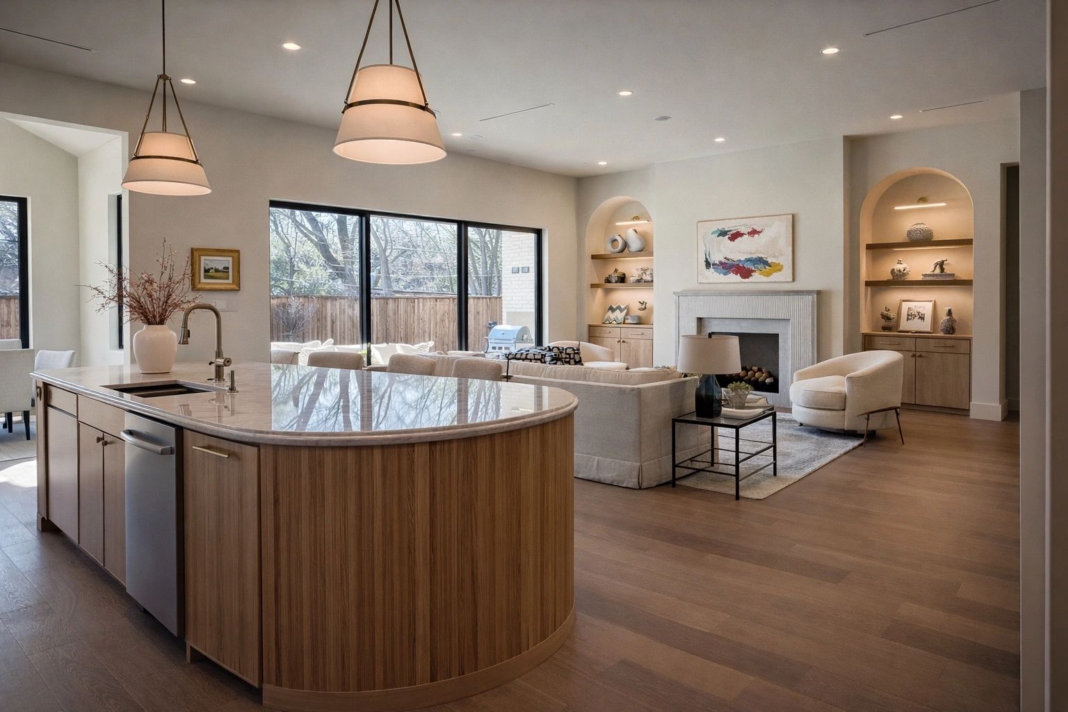 Kitchen island and living room — Select Custom Home